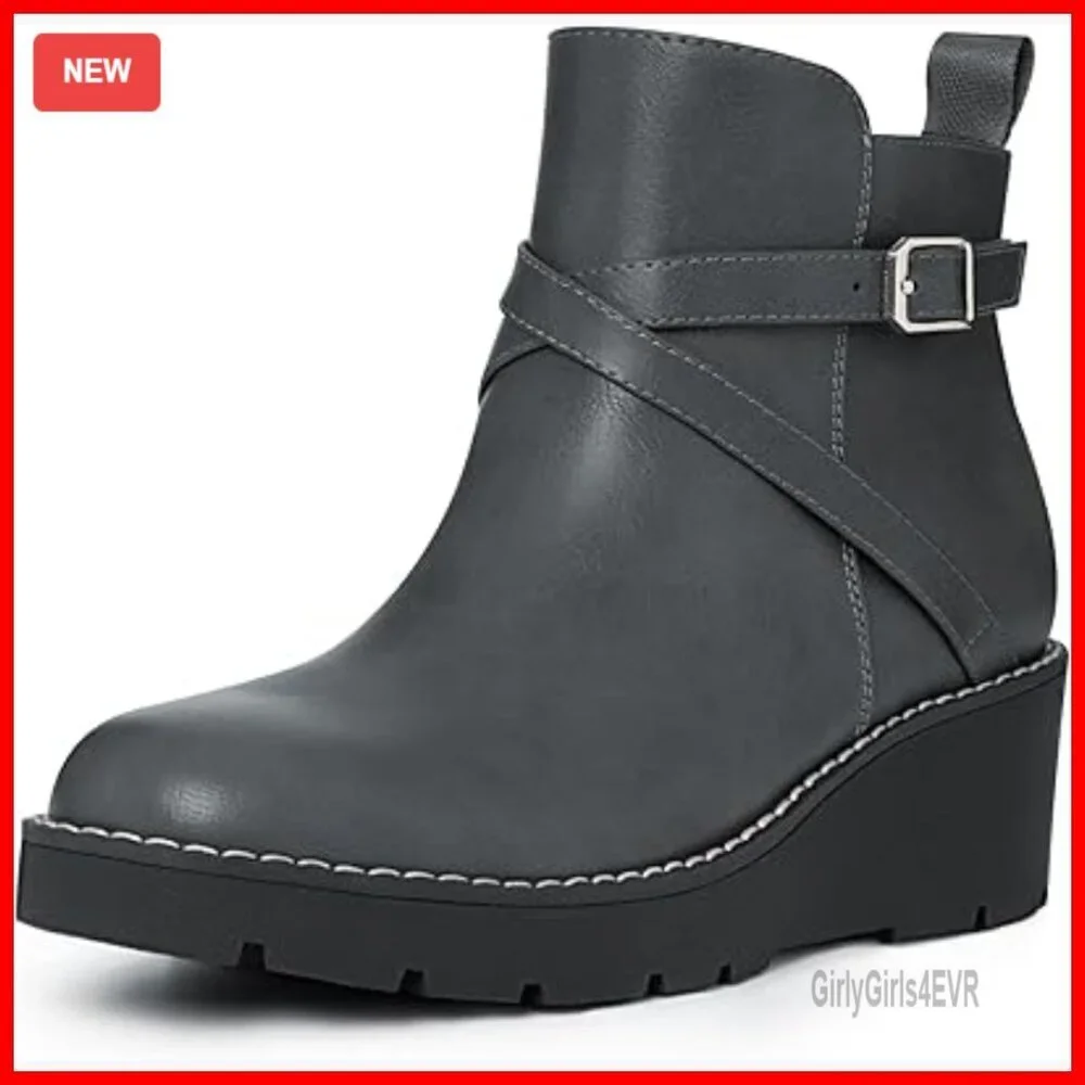 Wedge Ankle Boots Platform Lug Sole Buckle Side Zipper Booties